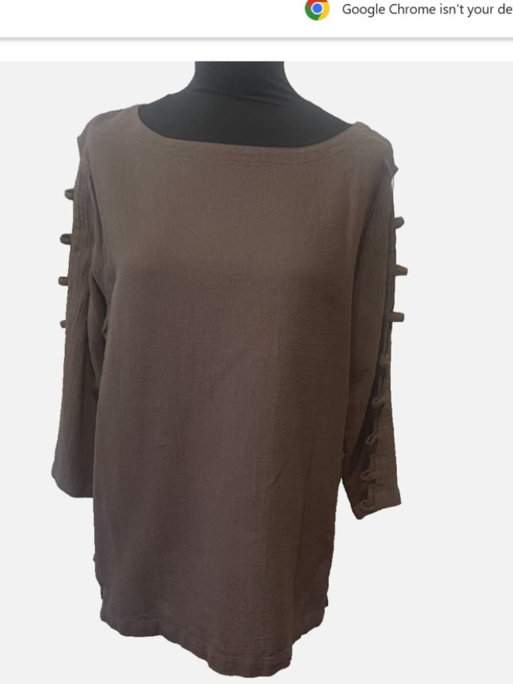 LULU B Women's Large Gauzy Cotton Tunic Top 3/4 Cutout Loop Sleeve Brown Solid